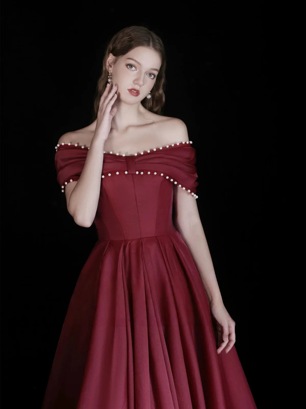 A-Line Off Shoulder Floor Length Burgundy Long Prom Dress with Beads MD054