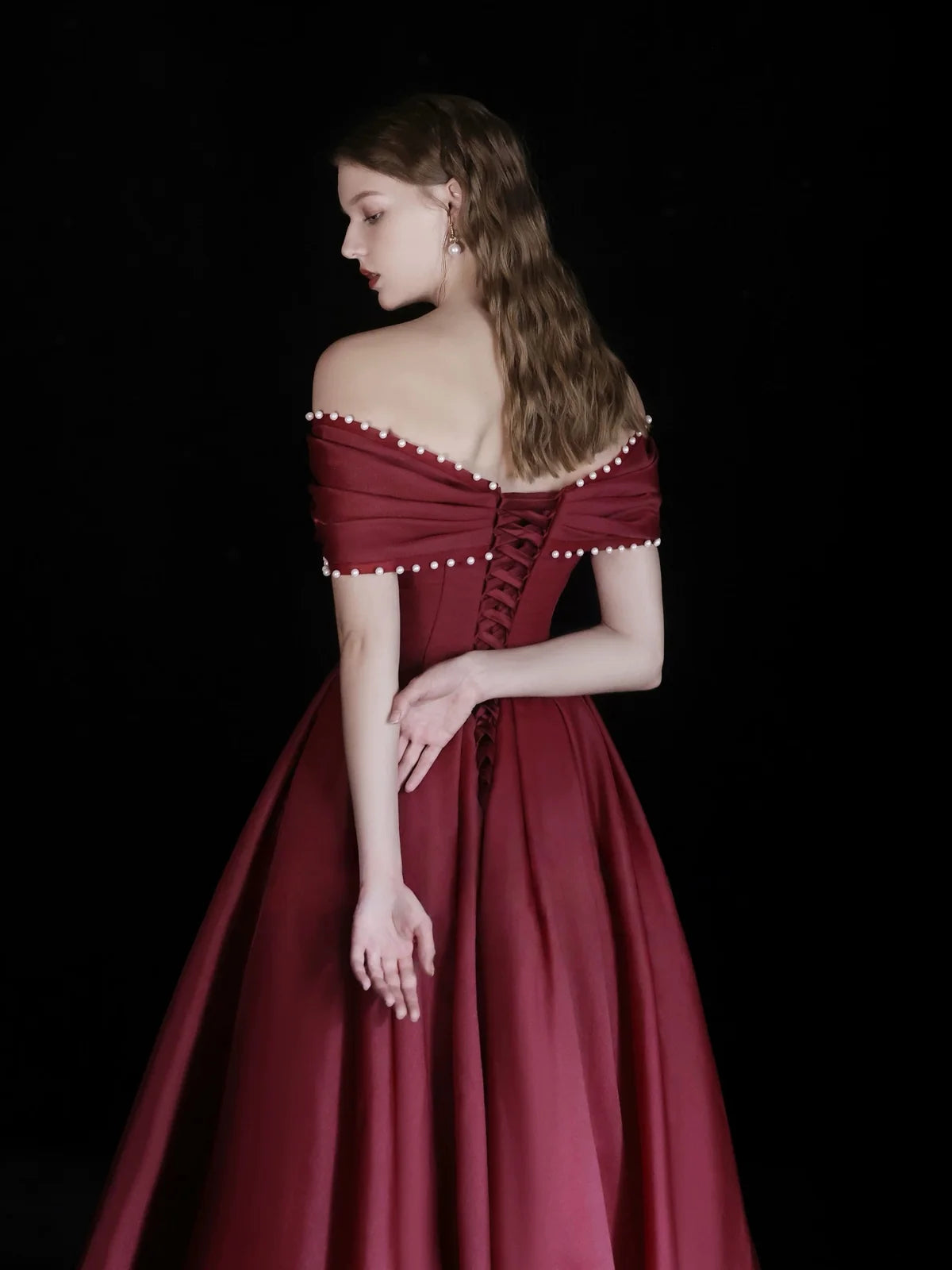 A-Line Off Shoulder Floor Length Burgundy Long Prom Dress with Beads MD054