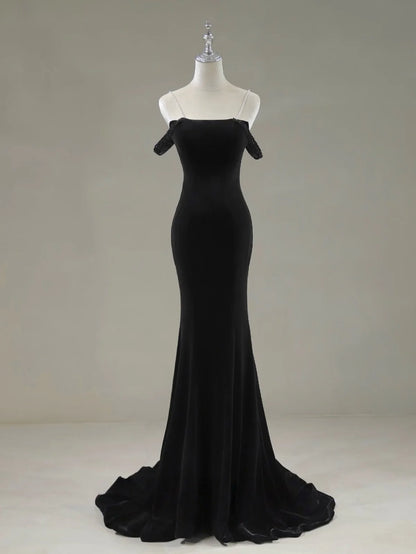 Mermaid Off Shoulder Velvet Sweep Train Black Prom Dress with Beads MD055
