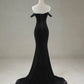 Mermaid Off Shoulder Velvet Sweep Train Black Prom Dress with Beads MD055