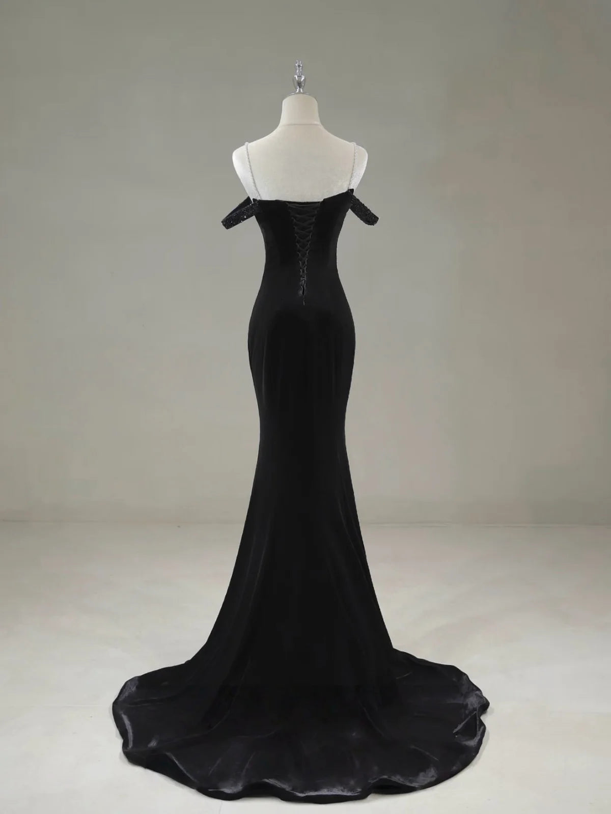 Mermaid Off Shoulder Velvet Sweep Train Black Prom Dress with Beads MD055