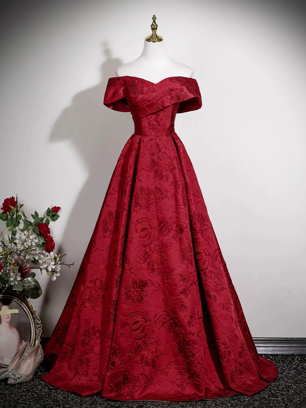 A-Line Off Shoulder Satin Dark Red Long Prom Dress, Dark Red Long Evening Dress MD056