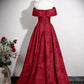A-Line Off Shoulder Satin Dark Red Long Prom Dress, Dark Red Long Evening Dress MD056
