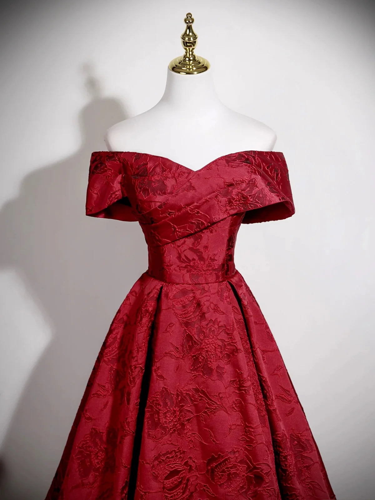 A-Line Off Shoulder Satin Dark Red Long Prom Dress, Dark Red Long Evening Dress MD056