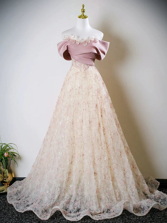 A-Line Off Shoulder Tulle Lace Champagne Long Prom Dress, Champagne Long Formal Dress MD057
