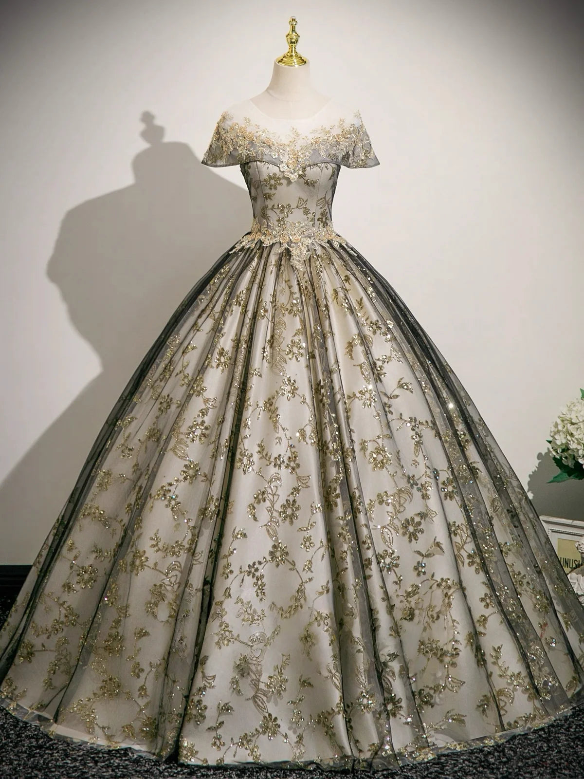 A-Line Tulle Lace Gray Long Prom Dress, Gray Long Evening Dress MD058