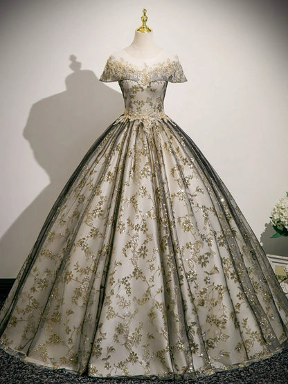 A-Line Tulle Lace Gray Long Prom Dress, Gray Long Evening Dress MD058