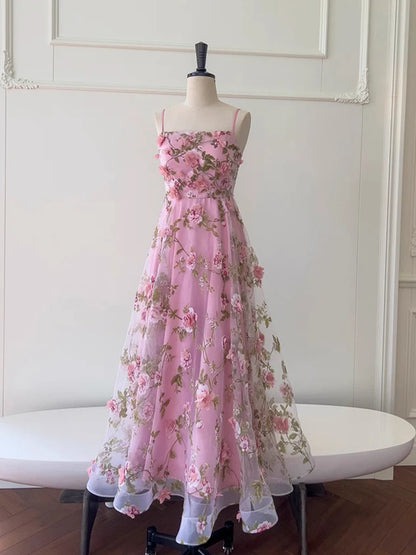 A-Line Tulle 3D Flower Pink Long Prom Dress, Pink Long Formal Dress MD059