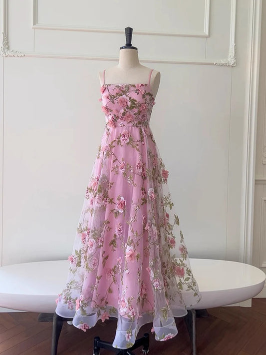 A-Line Tulle 3D Flower Pink Long Prom Dress, Pink Long Formal Dress MD059
