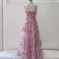 A-Line Tulle 3D Flower Pink Long Prom Dress, Pink Long Formal Dress MD059