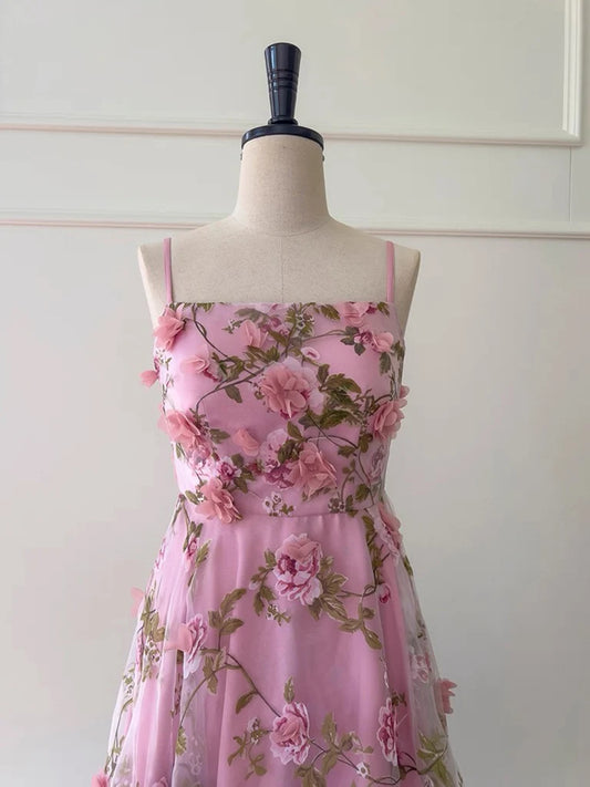 A-Line Tulle 3D Flower Pink Long Prom Dress, Pink Long Formal Dress MD059