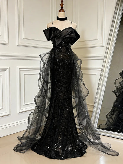 Sweetheart Off Shoulder Tulle Sequin Sweep Train Black Long Evening Dress MD060