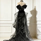 Sweetheart Off Shoulder Tulle Sequin Sweep Train Black Long Evening Dress MD060
