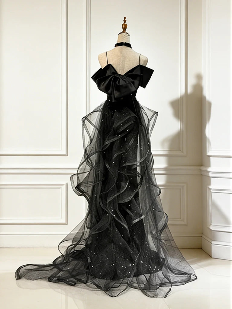 Sweetheart Off Shoulder Tulle Sequin Sweep Train Black Long Evening Dress MD060