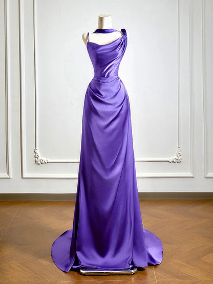 Simple One Shoulder Satin Sweep Train Purple Prom Dress MD061