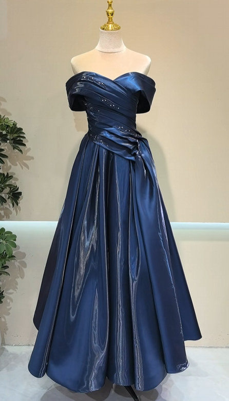 Elegant Blue Off-the-Shoulder Prom Dress Satin Evening Dress A-line Party Dress , MD064