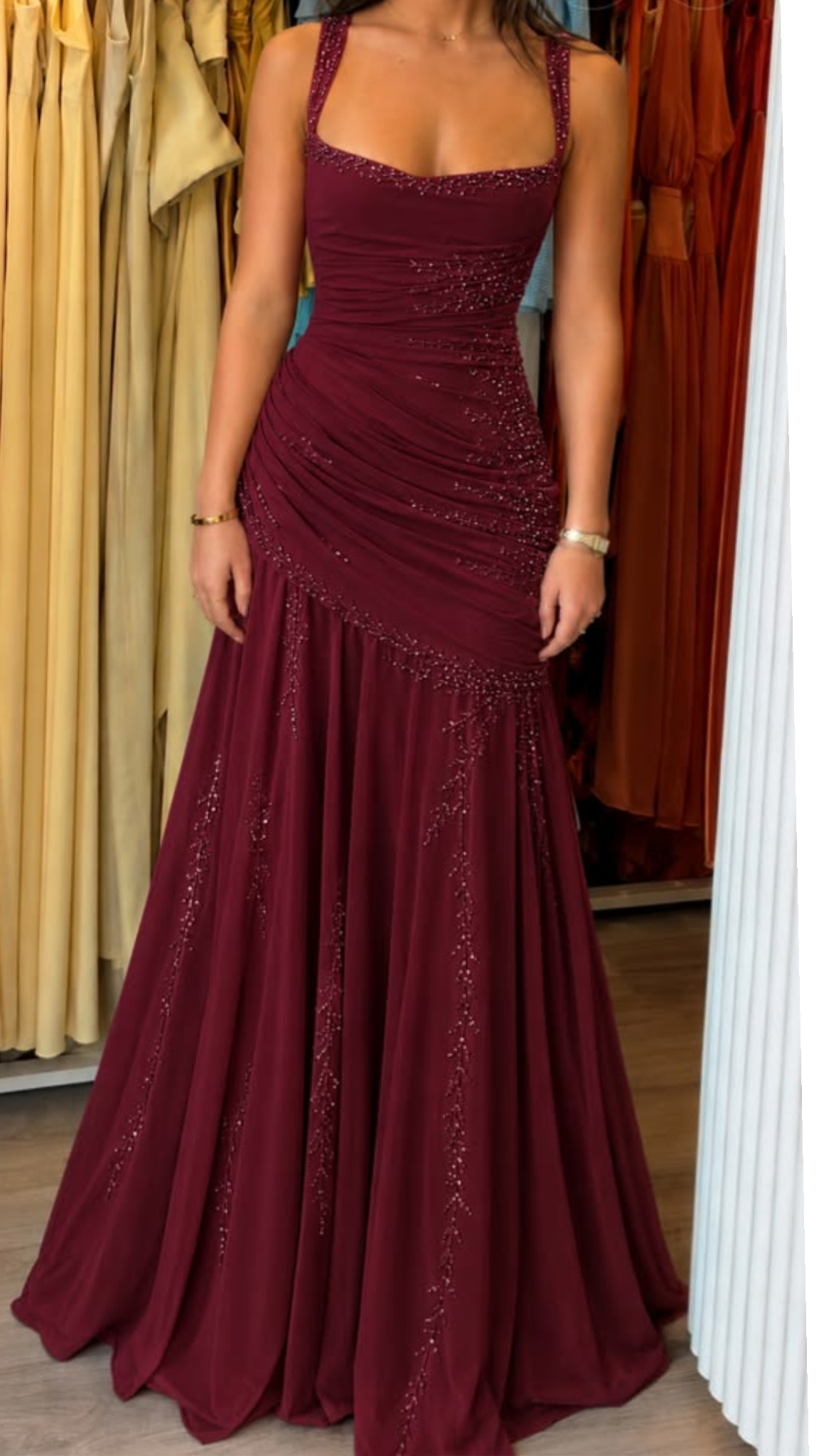 Elegant Red Square Neck Prom Dress Chiffon Evening Dress A-line Party Dress , MD066