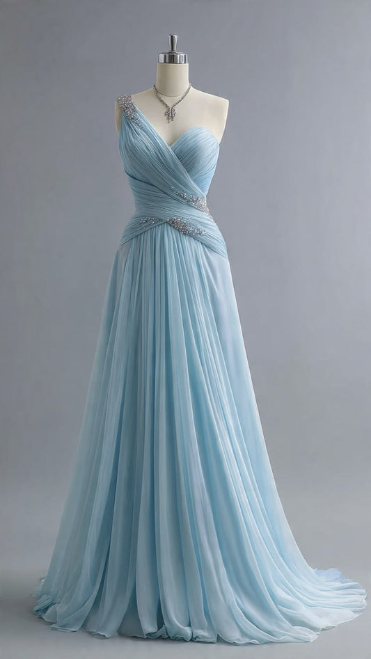 Elegant Blue One-the-Shoulder Prom Dress Tulle Evening Dress A-line Party Dress , MD068