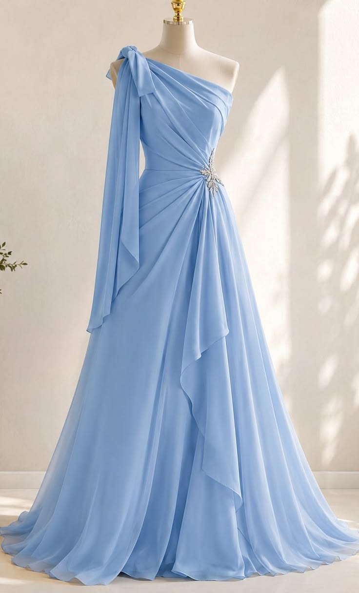 Elegant Blue One-the-Shoulder Prom Dress Chiffon Evening Dress A-line Party Dress , MD069