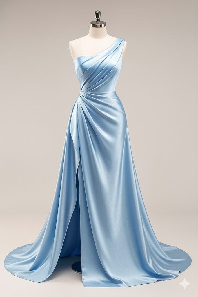 Elegant Blue One-the-Shoulder Prom Dress Satin Evening Dress High Slit A-line Party Dress , MD070