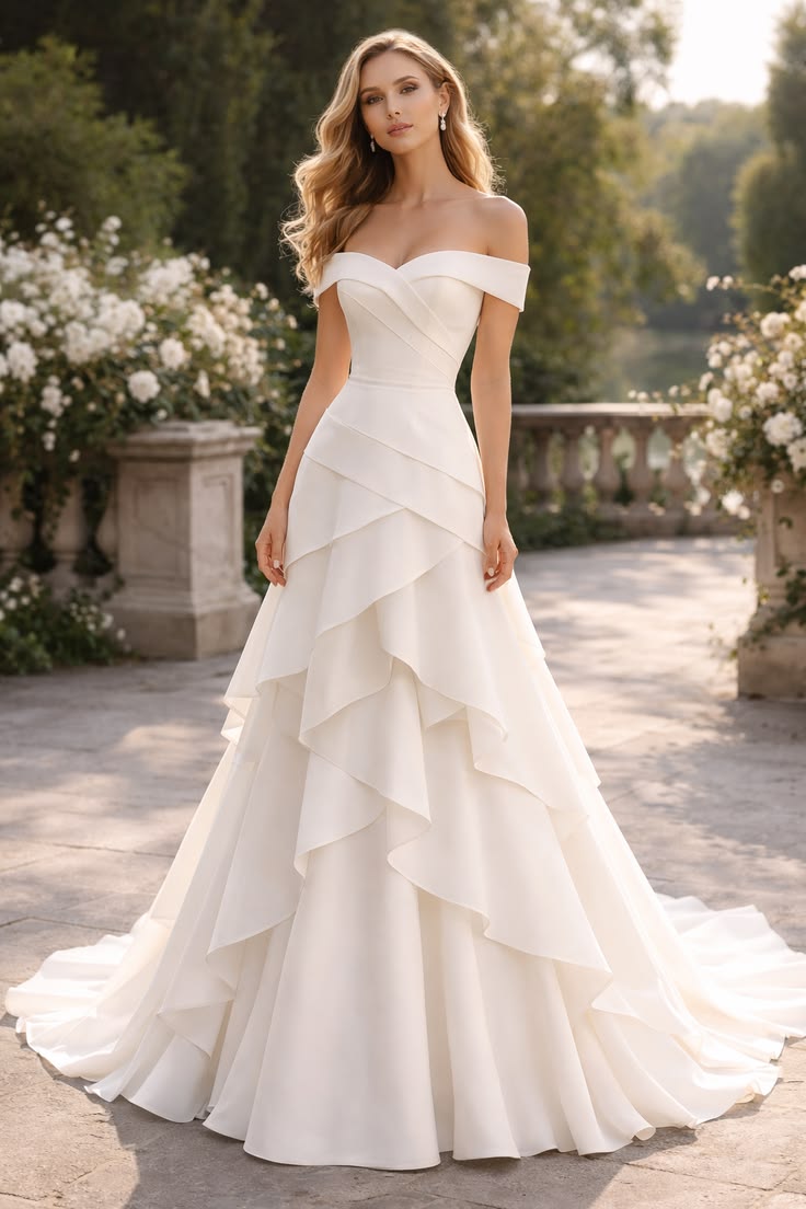 Elegant Stapless White A-line Wedding Dress ChiffonTiered Bridal Gown MD074