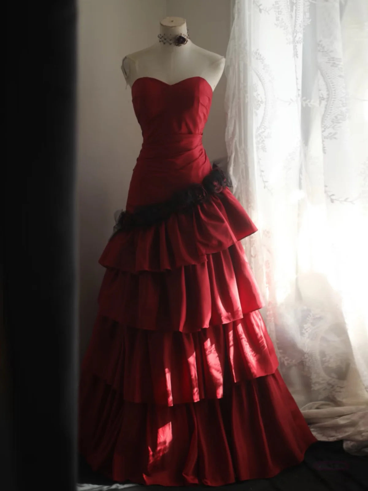 A-Line Sweetheart Neck Taffeta Burgundy Long Prom Dress MD078
