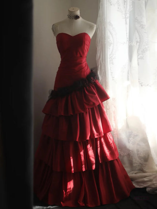 A-Line Sweetheart Neck Taffeta Burgundy Long Prom Dress MD078