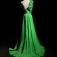 Elegant Spaghetti Straps Green Sheath Backless Prom Dress Satin Handmade Flower Evening Dress MD079
