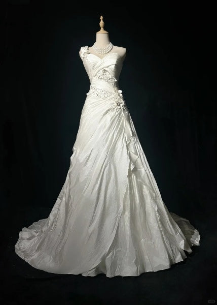 Elegantes, weißes schulterfreies A-Linien-Abendkleid mit Pailletten und rückenfreiem Design aus Taft MD080