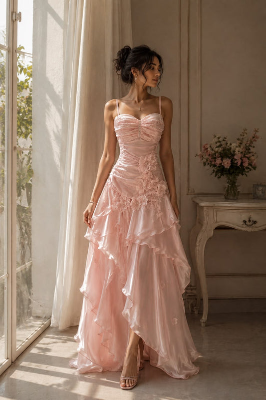 Beautiful Pink Spaghetti Straps Prom Dress Satin Evening Dress Ruffled A-line Party Dress , MD081