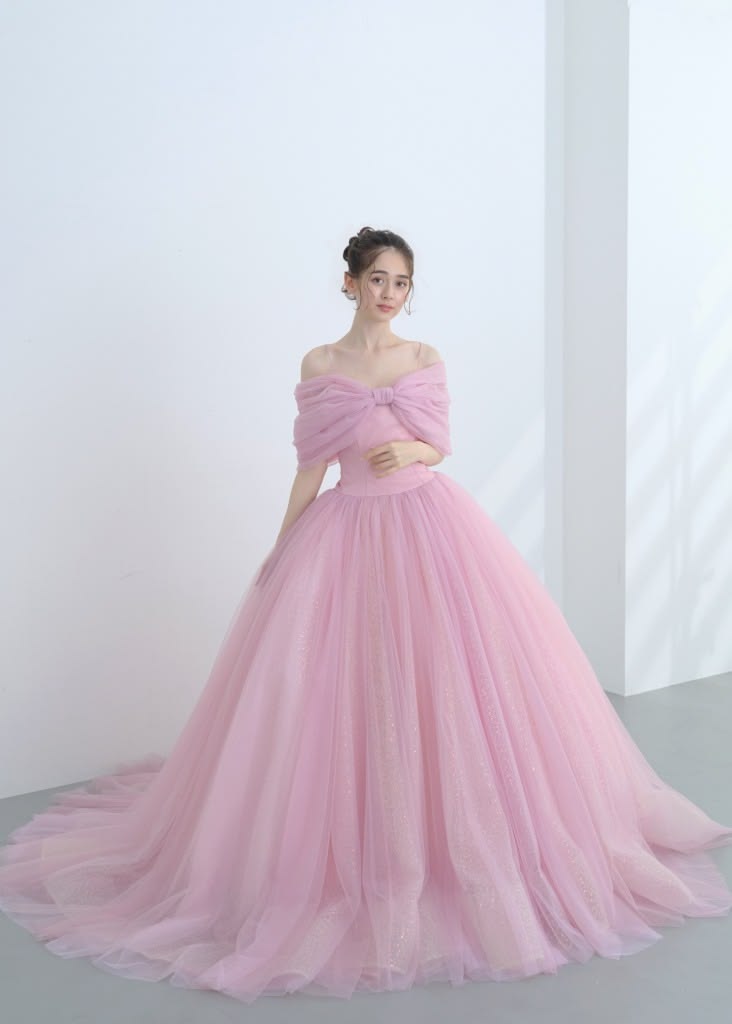 Elegant Pink Ball Gown Prom Dress Tulle Off-the-Shoulder Evening Dress MD087