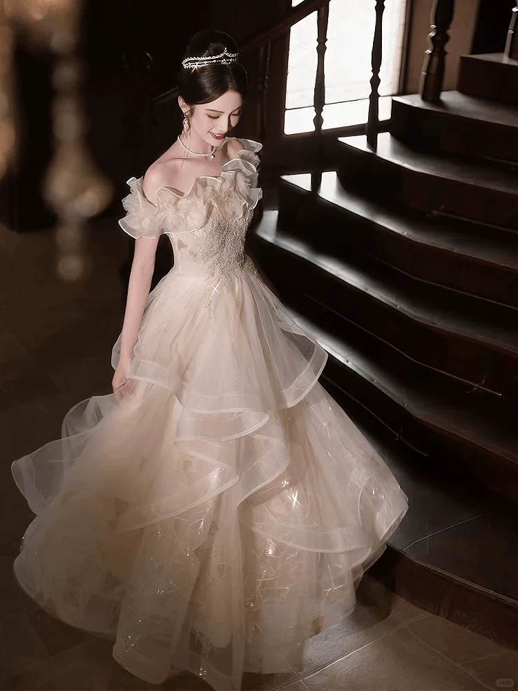 Beautiful White Prom Dress Off-the-Shoulder Tulle Evening Dress Ruffled A-line Party Dress , MD088