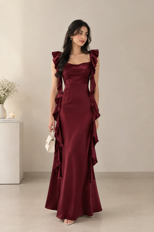 Elegant Red A-line Prom Dress Satin Square Neck Evening Dress MD089