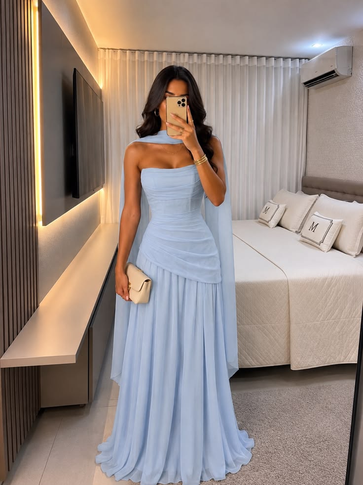 Beautiful Blue Prom Dress Off-the-Shoulder Chiffon Evening Dress Ruffled A-line Party Dress , MD090