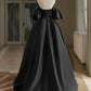 A-Line V Neck Puff Sleeves Satin Black Long Prom Dress, Black Long Formal Dress MD092