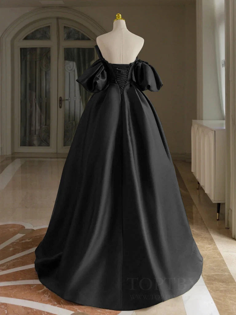 A-Line V Neck Puff Sleeves Satin Black Long Prom Dress, Black Long Formal Dress MD092