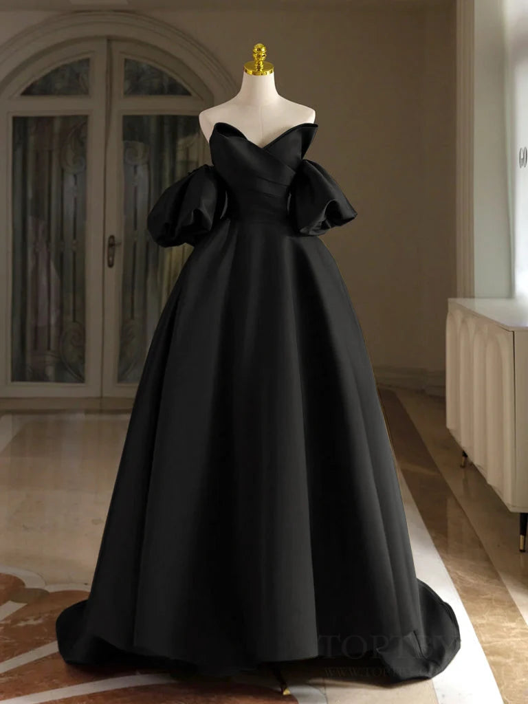 A-Line V Neck Puff Sleeves Satin Black Long Prom Dress, Black Long Formal Dress MD092