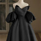 A-Line V Neck Puff Sleeves Satin Black Long Prom Dress, Black Long Formal Dress MD092