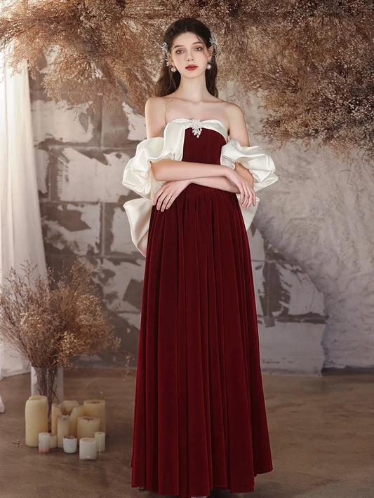 A-Line Velvet Burgundy Long Prom Dress, Burgundy Long Formal Dress MD093