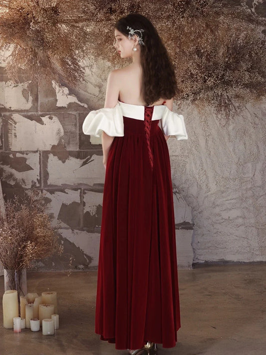 A-Line Velvet Burgundy Long Prom Dress, Burgundy Long Formal Dress MD093