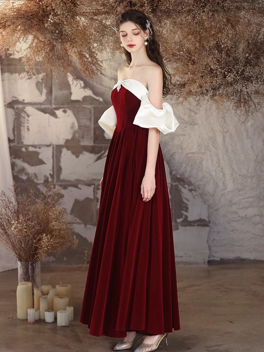 A-Line Velvet Burgundy Long Prom Dress, Burgundy Long Formal Dress MD093