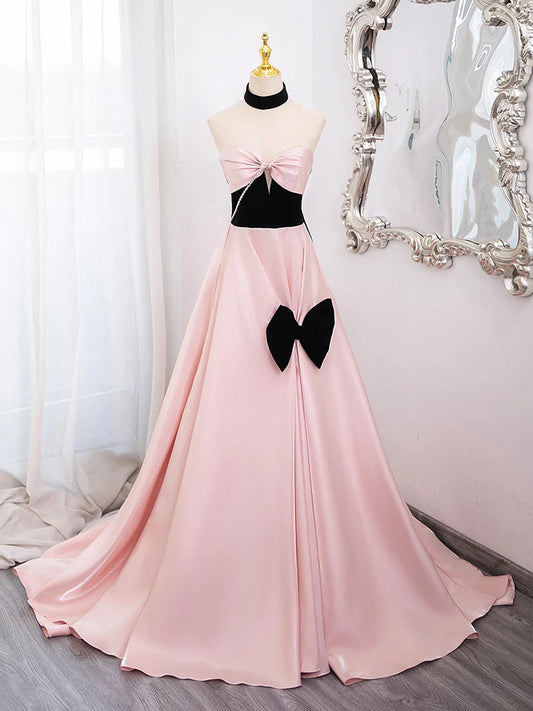 A-Line Sweetheart Neck Satin Pink Long Prom Dress, Pink Long Formal Dress MD094