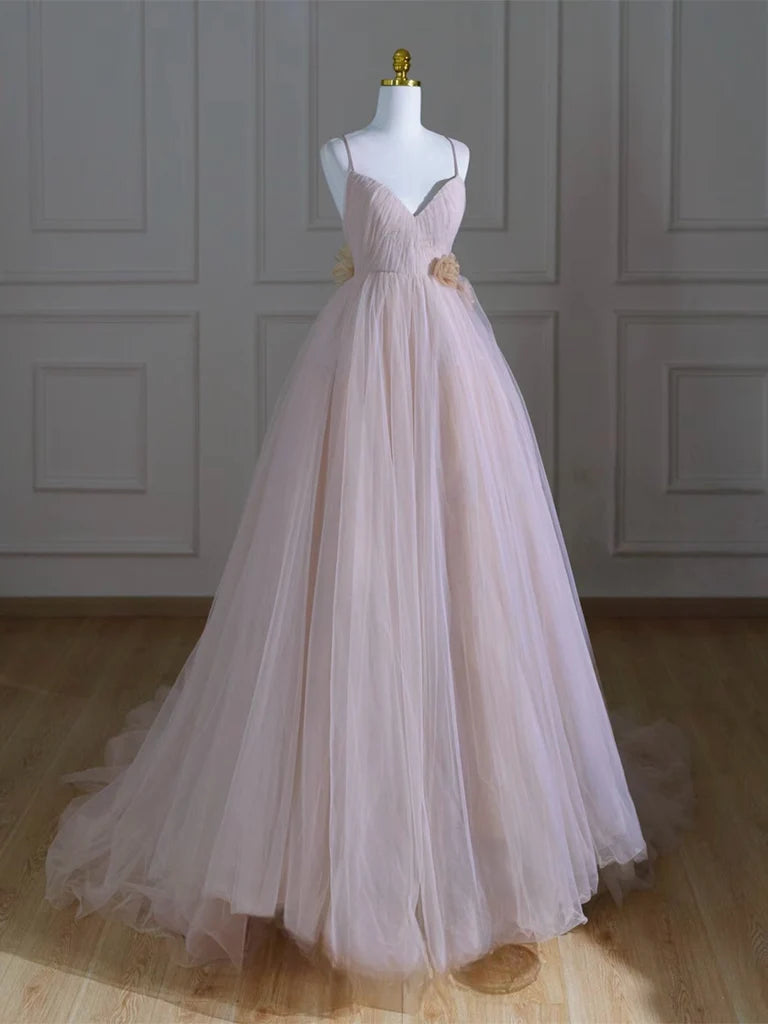 A-Line V Neck Tulle Pink Long Prom Dress, Pink Tulle Long Formal Dress MD095