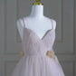 A-Line V Neck Tulle Pink Long Prom Dress, Pink Tulle Long Formal Dress MD095
