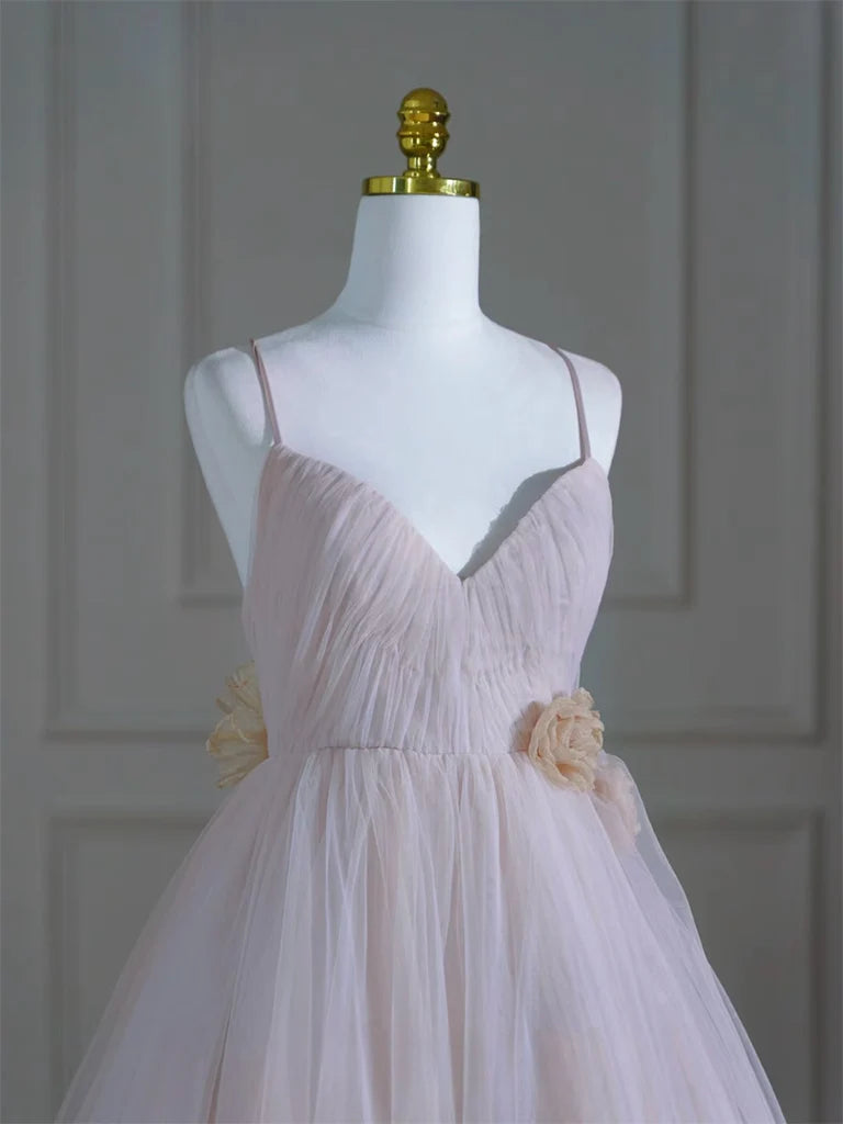 A-Line V Neck Tulle Pink Long Prom Dress, Pink Tulle Long Formal Dress MD095