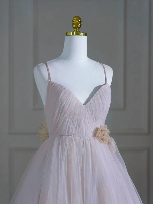 A-Line V Neck Tulle Pink Long Prom Dress, Pink Tulle Long Formal Dress MD095