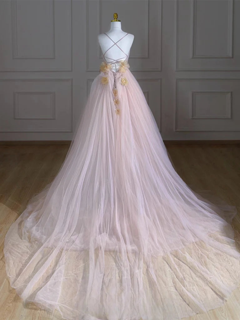 A-Line V Neck Tulle Pink Long Prom Dress, Pink Tulle Long Formal Dress MD095