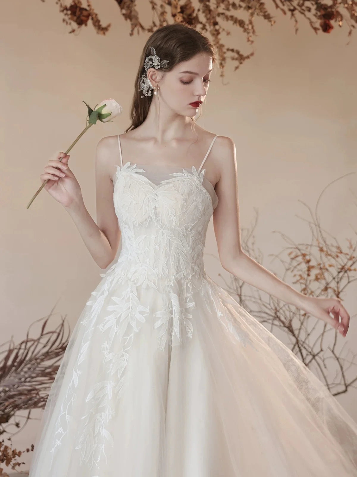 A-Line Tulle Lace Tea Length Light Champagne Long Prom Dress MD096