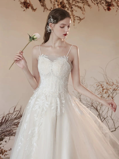 A-Line Tulle Lace Tea Length Light Champagne Long Prom Dress MD096