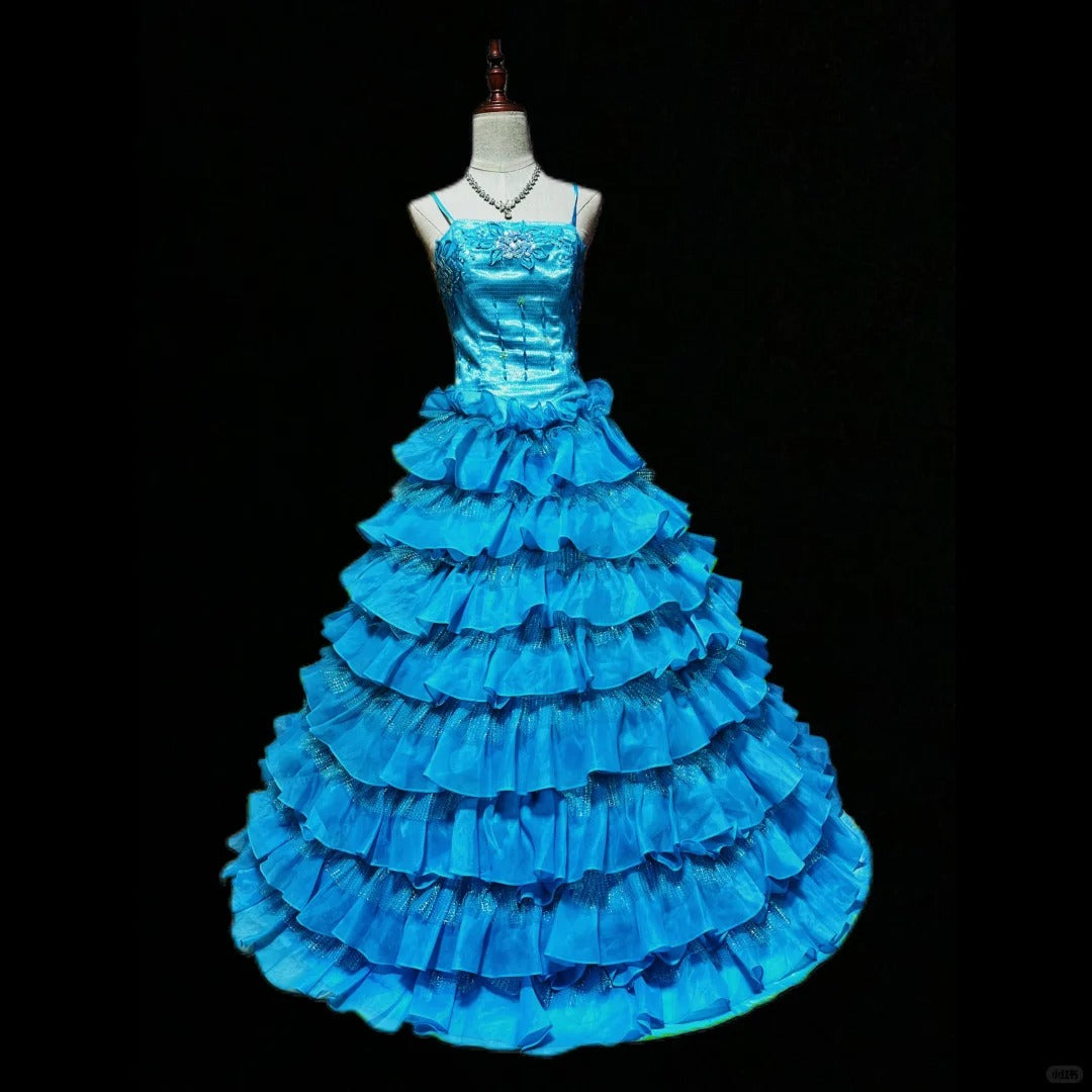 Chic Spaghetti Straps Blue A-line Prom Dress Ruffled  Evening Dress MD098